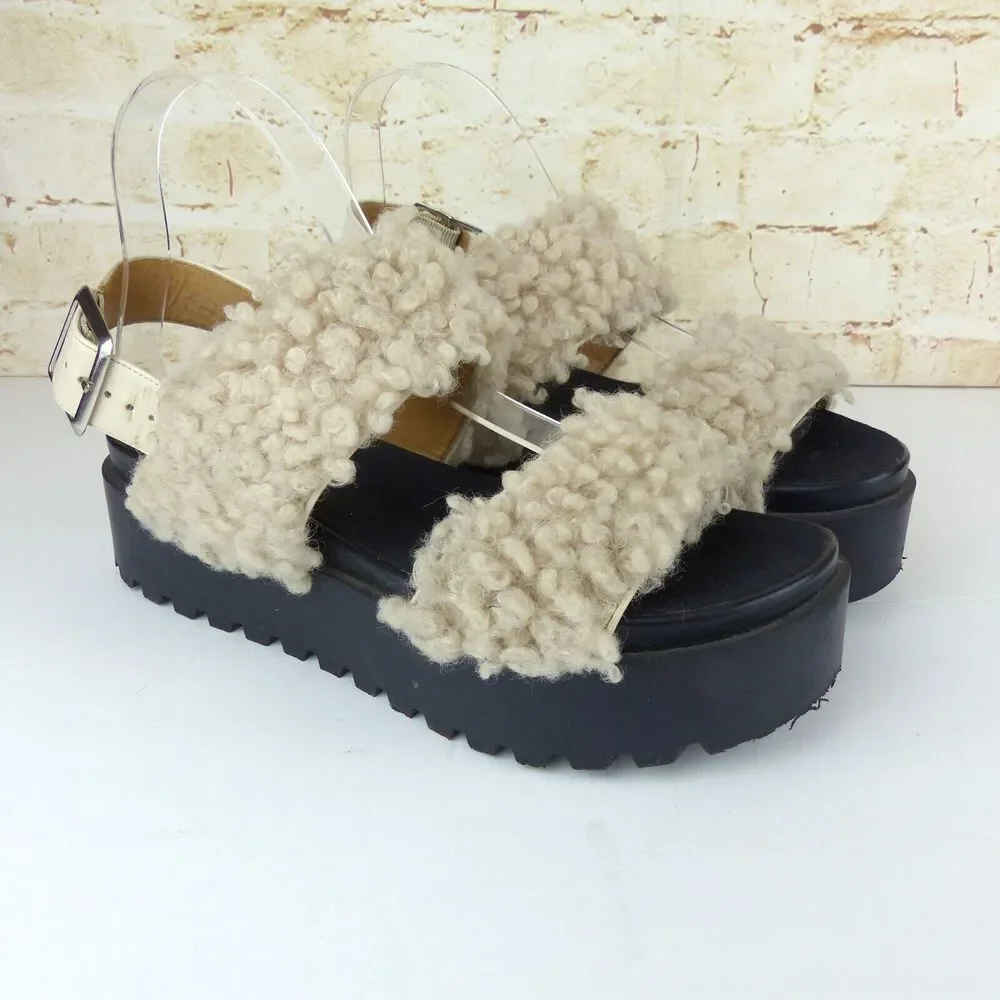 Urban Outfitters Sandal Womens 7 Beige Lexi Faux Sherpa Straps Platform Gorpcore - Picture 3 of 14